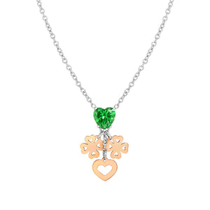 PRINCIPESSINA NECKLACE 029602/006 ROSE GOLD HEARTS AND CLOVER PENDANT WITH GREEN CZ