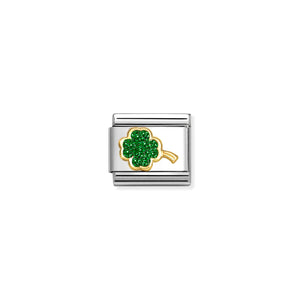 COMPOSABLE CLASSIC LINK 030220/18 FOUR-LEAF CLOVER IN 18K GOLD & GREEN GLITTER ENAMEL