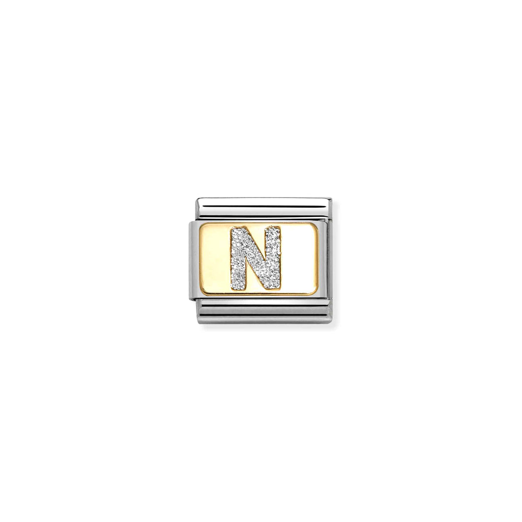 COMPOSABLE CLASSIC LINK 030291/14 SILVER LETTER N IN 18K GOLD & GLITTER ENAMEL