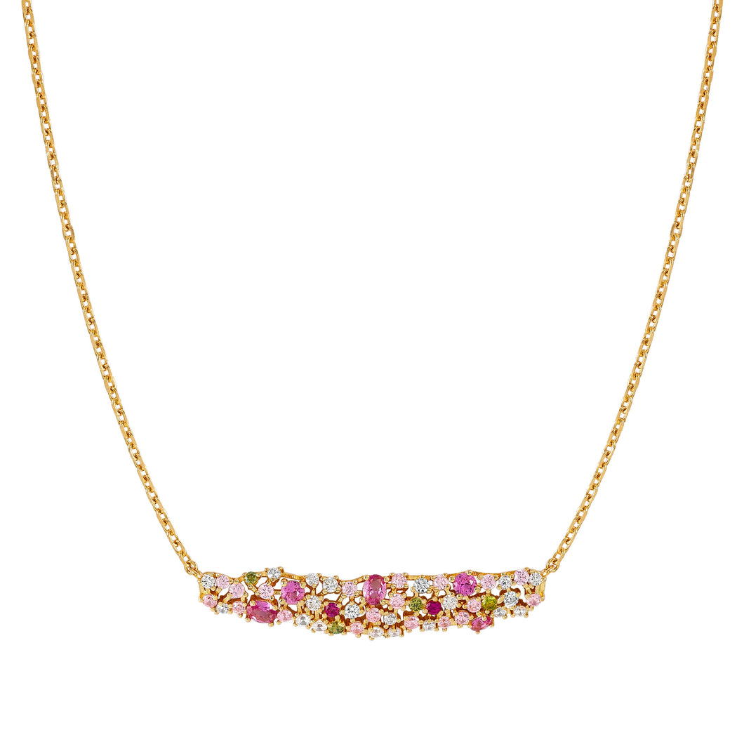 MOSAICA NECKLACE 241605/012 GOLD, PINK & GREEN CZ CLUSTER