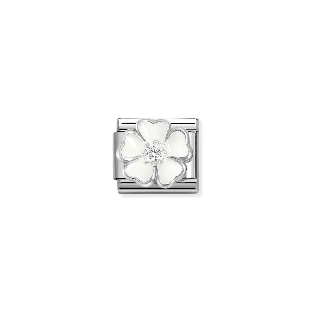 COMPOSABLE CLASSIC LINK 330321/15 WHITE FLOWER ENAMEL IN 925 SILVER & CZ