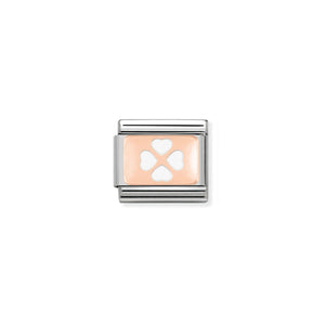 COMPOSABLE CLASSIC LINK 430201/07  WHITE FOUR-LEAF CLOVER 9K ROSE GOLD PLATE & ENAMEL