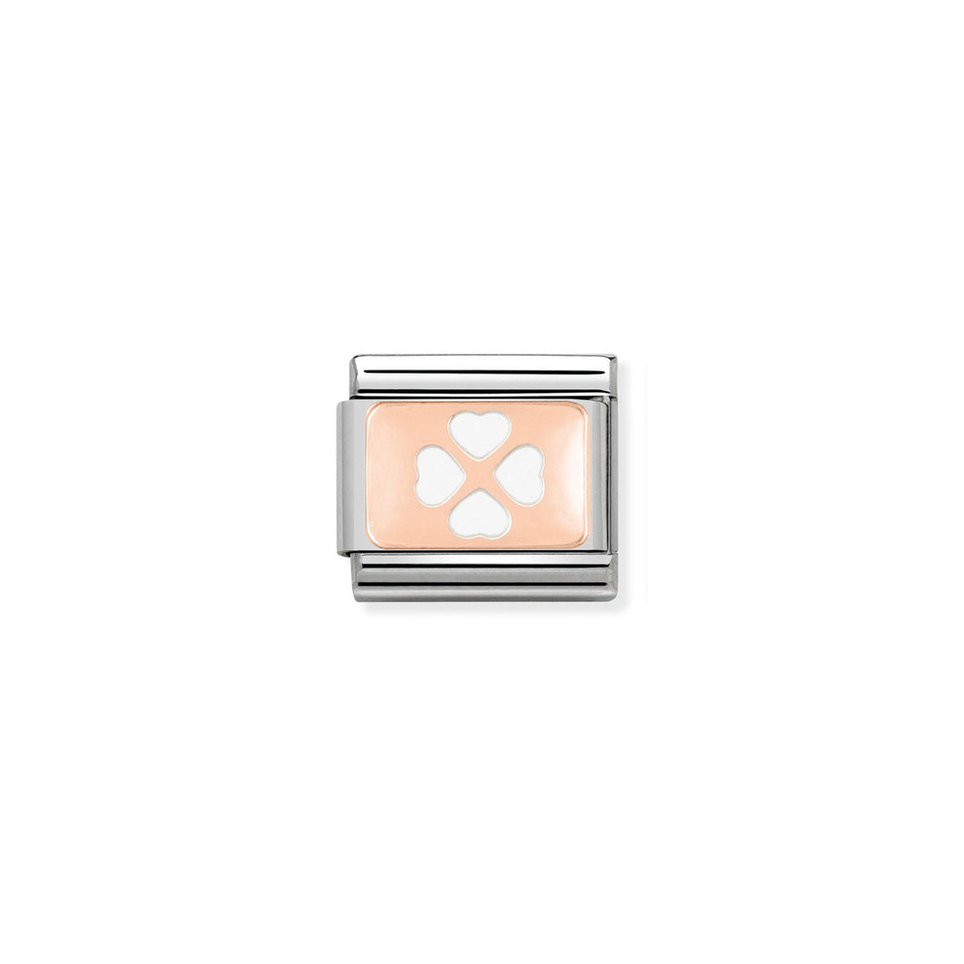 COMPOSABLE CLASSIC LINK 430201/07  WHITE FOUR-LEAF CLOVER 9K ROSE GOLD PLATE & ENAMEL