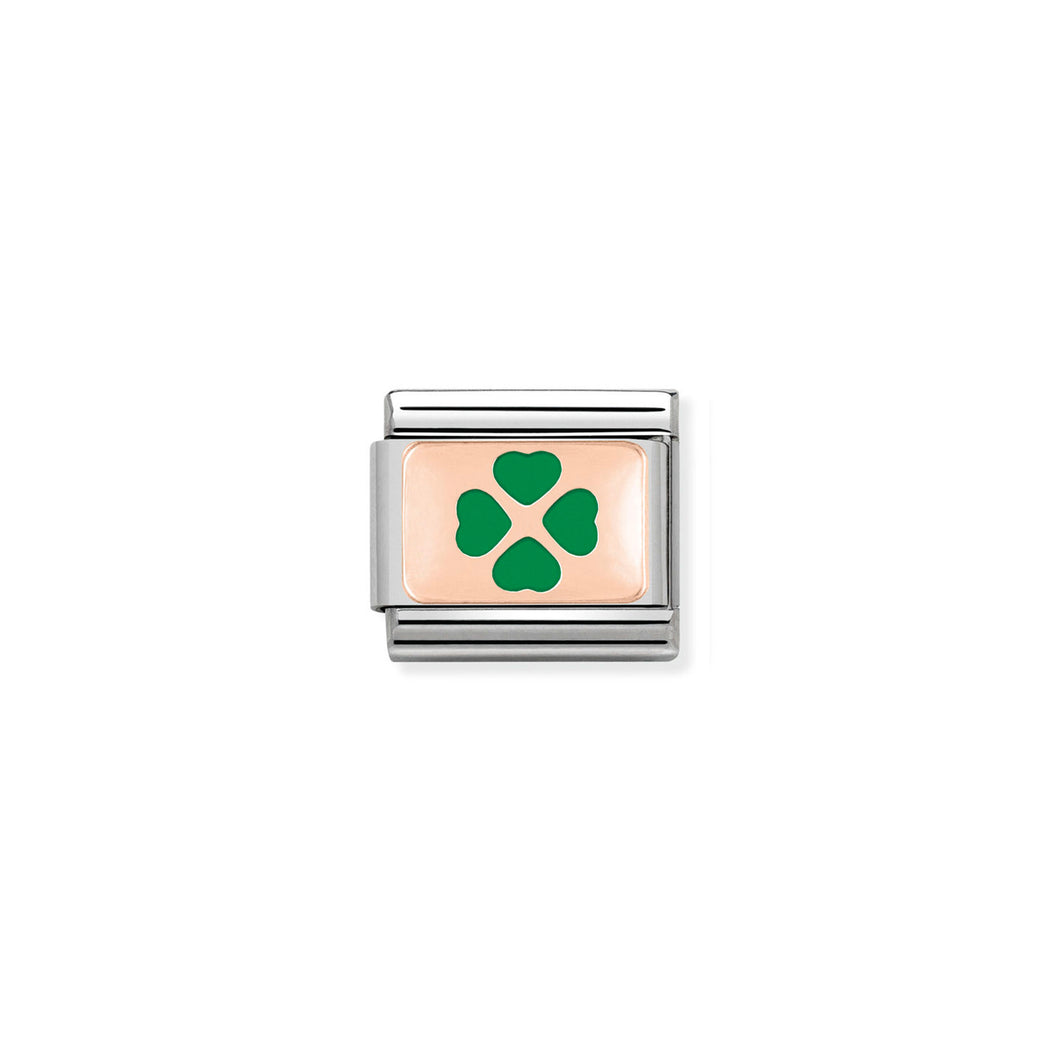 COMPOSABLE CLASSIC LINK 430201/08 GREEN FOUR-LEAF CLOVER 9K ROSE GOLD PLATE & ENAMEL